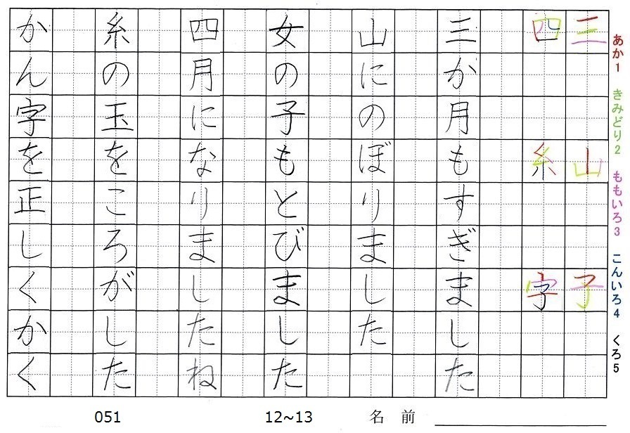 一年生の漢字の書き順 三 山 子 四 糸 字 旅行と習字を楽しむ