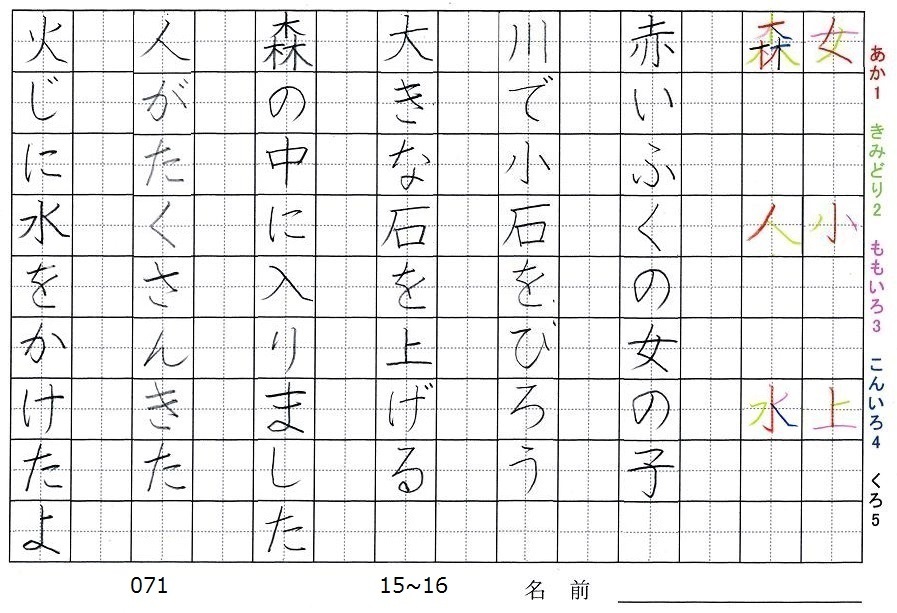 一年生の漢字の書き順 女 小 上 森 人 水 旅行と習字を楽しむ
