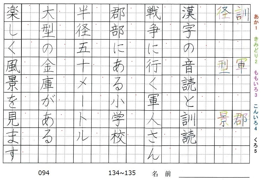 四年生の漢字の書き順 訓 軍 郡 径 型 景 旅行と習字を楽しむ