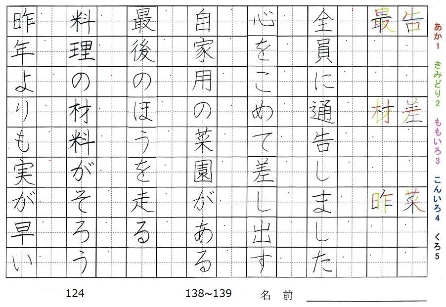 四年生の漢字の書き順 告 差 菜 最 材 昨 旅行と習字を楽しむ
