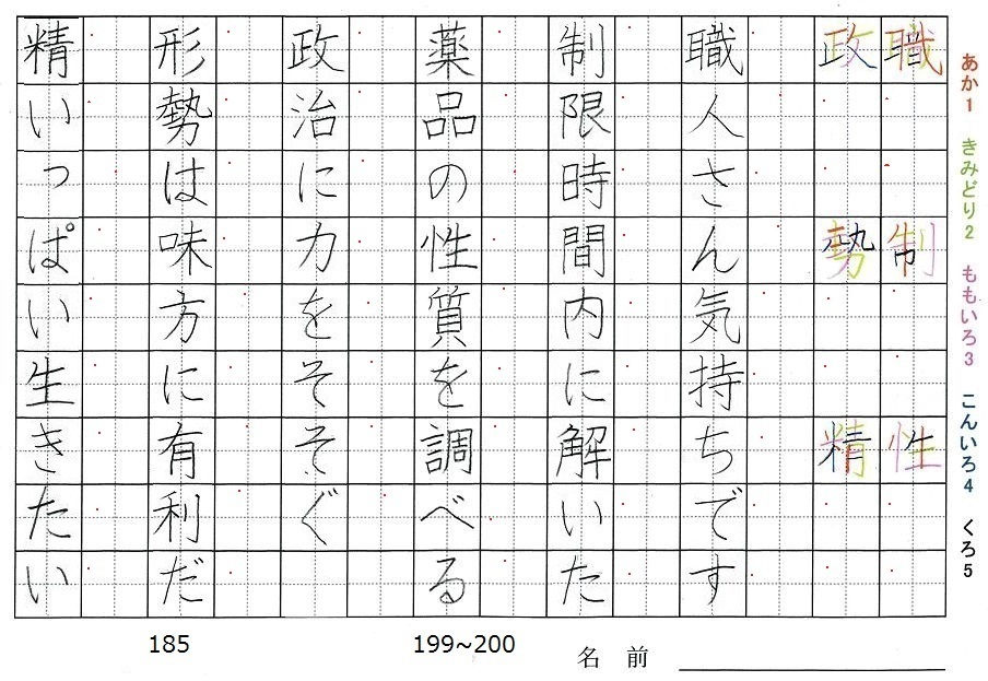 五年生の漢字の書き順 職 制 性 政 勢 精 旅行と習字を楽しむ