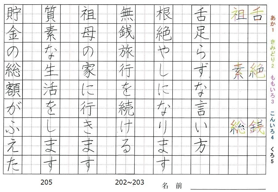 五年生の漢字の書き順 舌 絶 銭 祖 素 総 旅行と習字を楽しむ