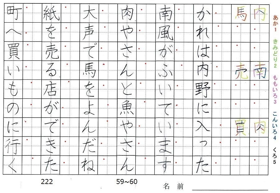 二年生の漢字の書き順 内 南 肉 馬 売 買 旅行と習字を楽しむ