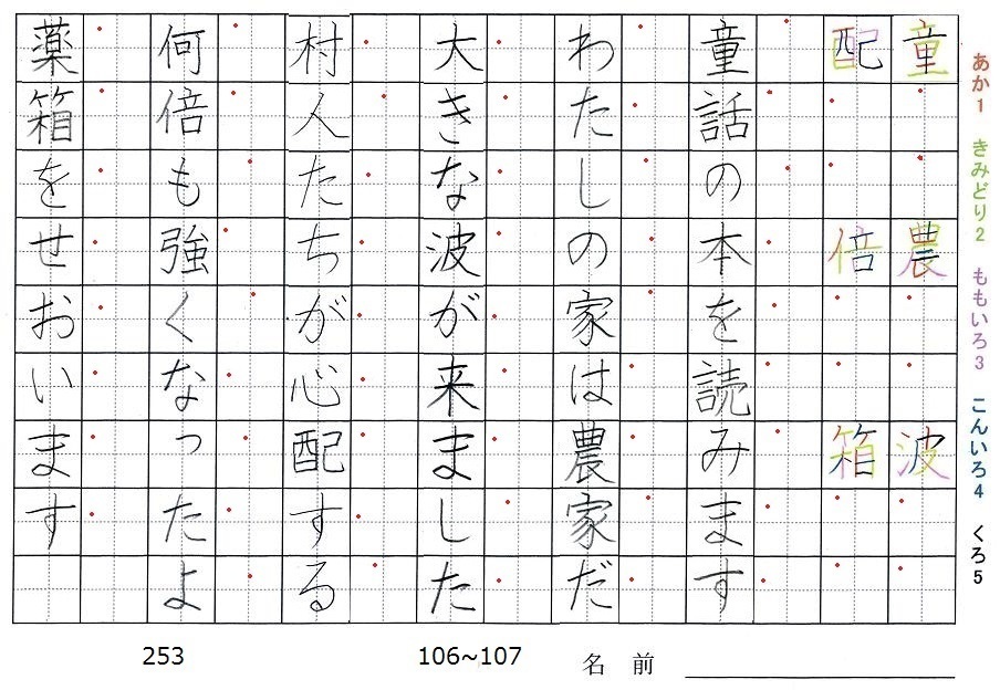 三年生の漢字の書き順 童 農 波 配 倍 箱 旅行と習字を楽しむ