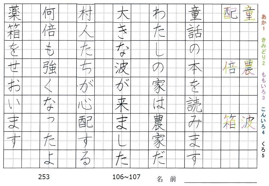 三年生の漢字の書き順 童 農 波 配 倍 箱 旅行と習字を楽しむ