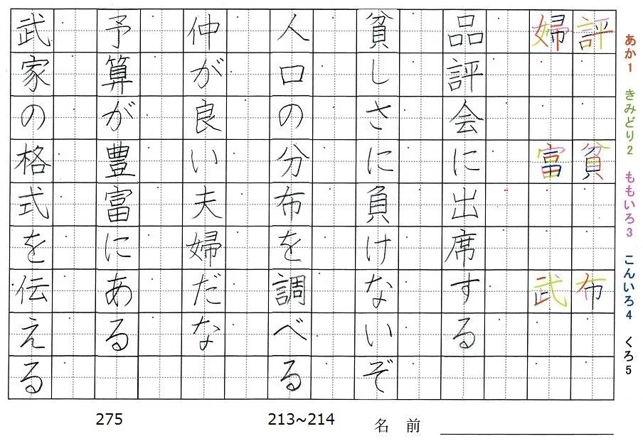 五年生の漢字の書き順 評 貧 布 婦 富 武 旅行と習字を楽しむ