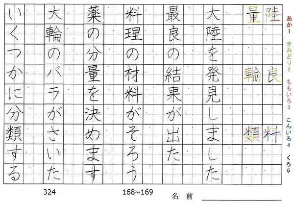 四年生の漢字の書き順 陸 良 料 量 輪 類 旅行と習字を楽しむ