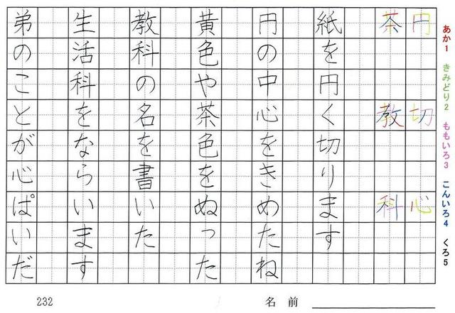 二年生の漢字の書き順 食 高 止 首 切 心 茶 教 科 旅行と習字を楽しむ