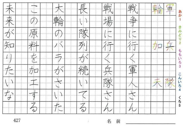 四年生の漢字の書き順 争 飛 飯 泣 包 勇 軍 兵 隊 輪 加 未 旅行と習字を楽しむ