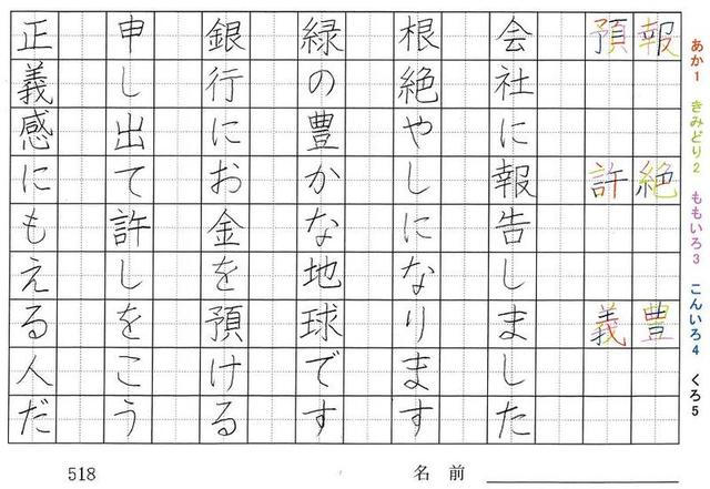 五年生の漢字の書き順 能 現 属 製 設 価 報 絶 豊 預 許 義 旅行と習字を楽しむ