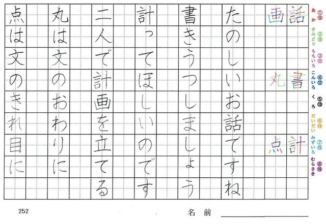 二年生の漢字の書き順 話 書 計 画 丸 点 旅行と習字を楽しむ