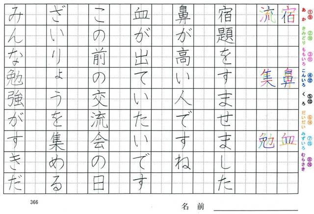 三年生の漢字の書き順 宿 鼻 血 流 集 勉 旅行と習字を楽しむ