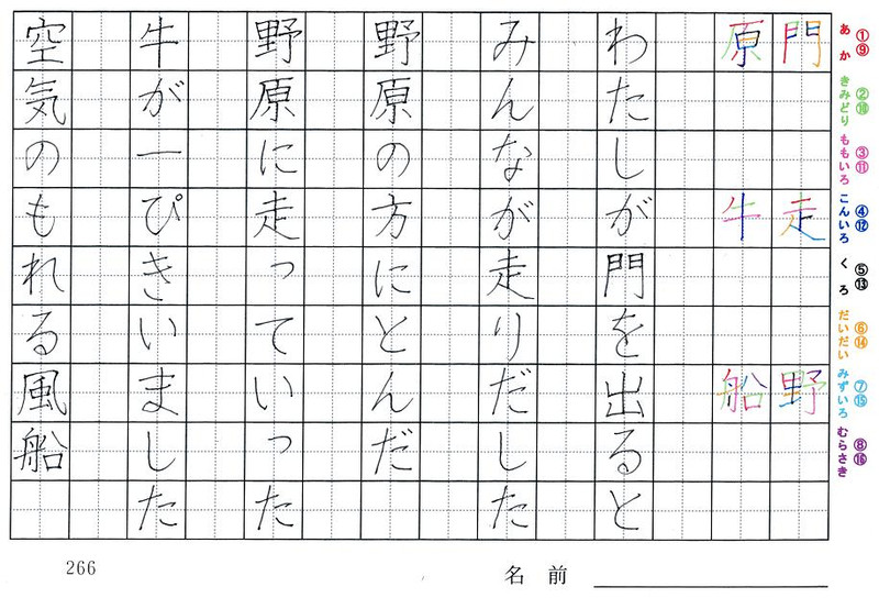 二年生の漢字の書き順 門 走 野 原 牛 船 旅行と習字を楽しむ