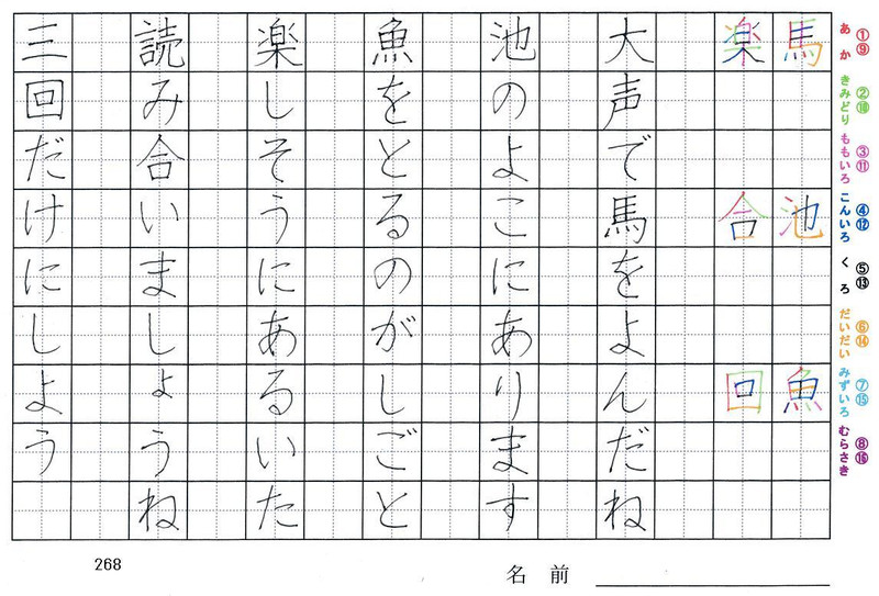 二年生の漢字の書き順 馬 池 魚 楽 合 回 旅行と習字を楽しむ