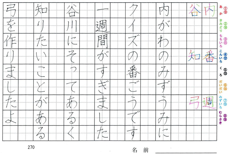 二年生の漢字の書き順 内 番 週 谷 知 弓 旅行と習字を楽しむ